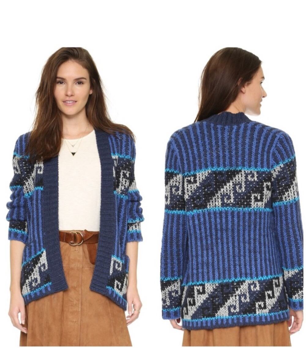 Blue Free People Time and Again Cardigan Fair Isle Wool XS Coastal Grandma
